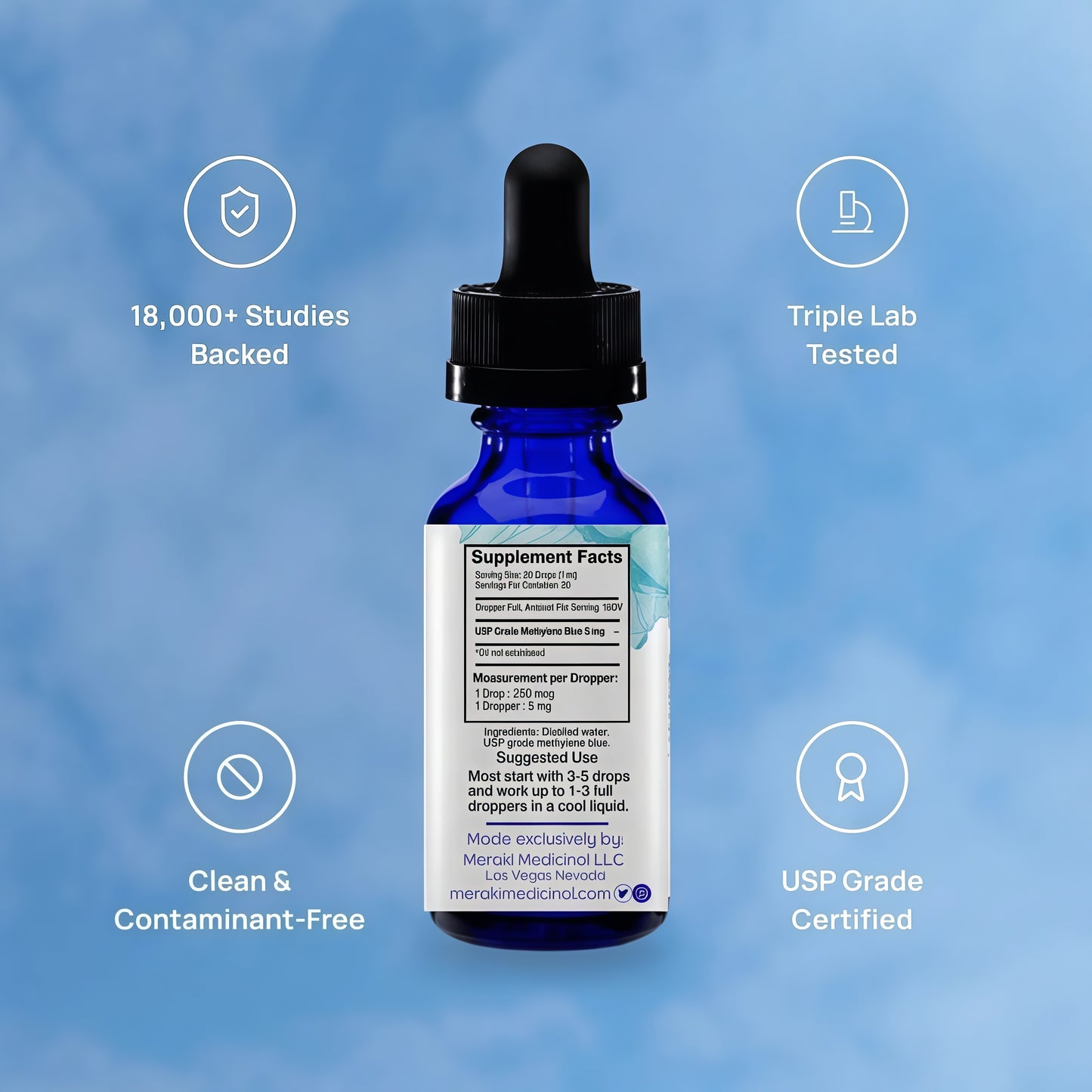 Meraki Blu USP Grade Methylene Blue Solution, 1% Formula, 30 mL | Third-party tested methylene blue solution, high-purity 1% liquid formula in a 30 mL glass dropper bottle.